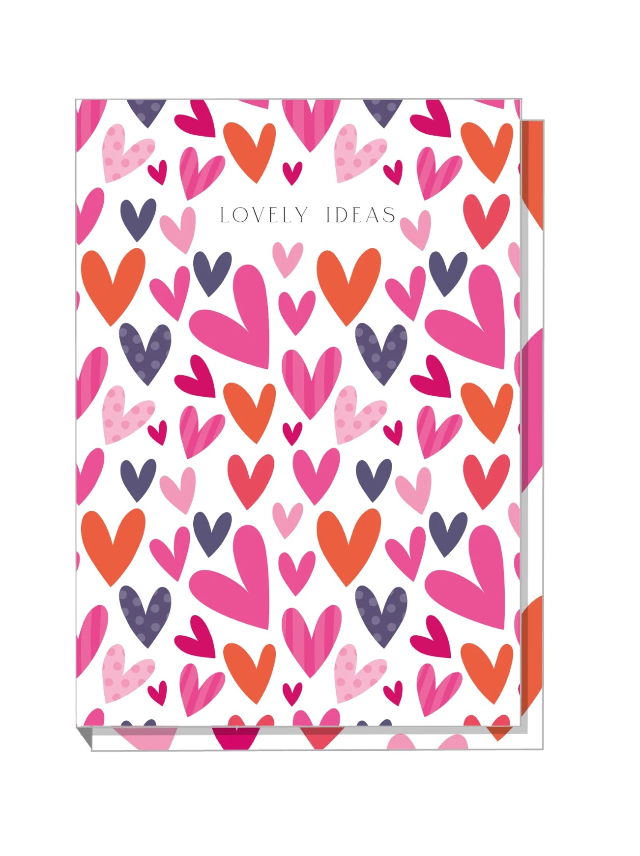 A5 hardback notebook with a colorful cover featuring a pattern of big hearts in pink, orange, and purple shades.