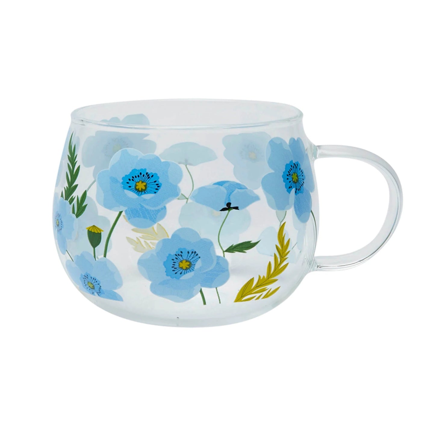 A glass mug with blue poppy floral patterns on it, with a handle on the right side.