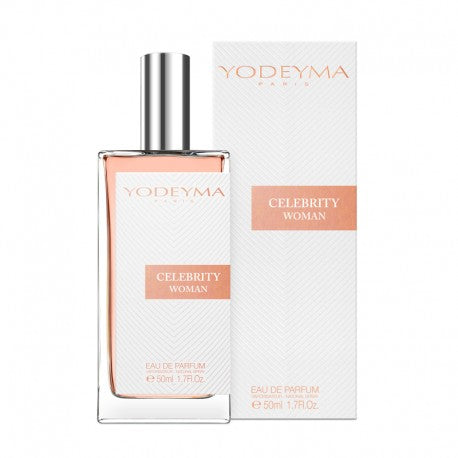 A bottle of Yodeyma Eau de Parfum 50ml with the label Celebrity Woman, accompanied by its white packaging box. The sweet notes of black currant and the oriental base of patchouli surround the floral heart of this radiant perfume. Smells like: La Vie Est Belle By Lancome.