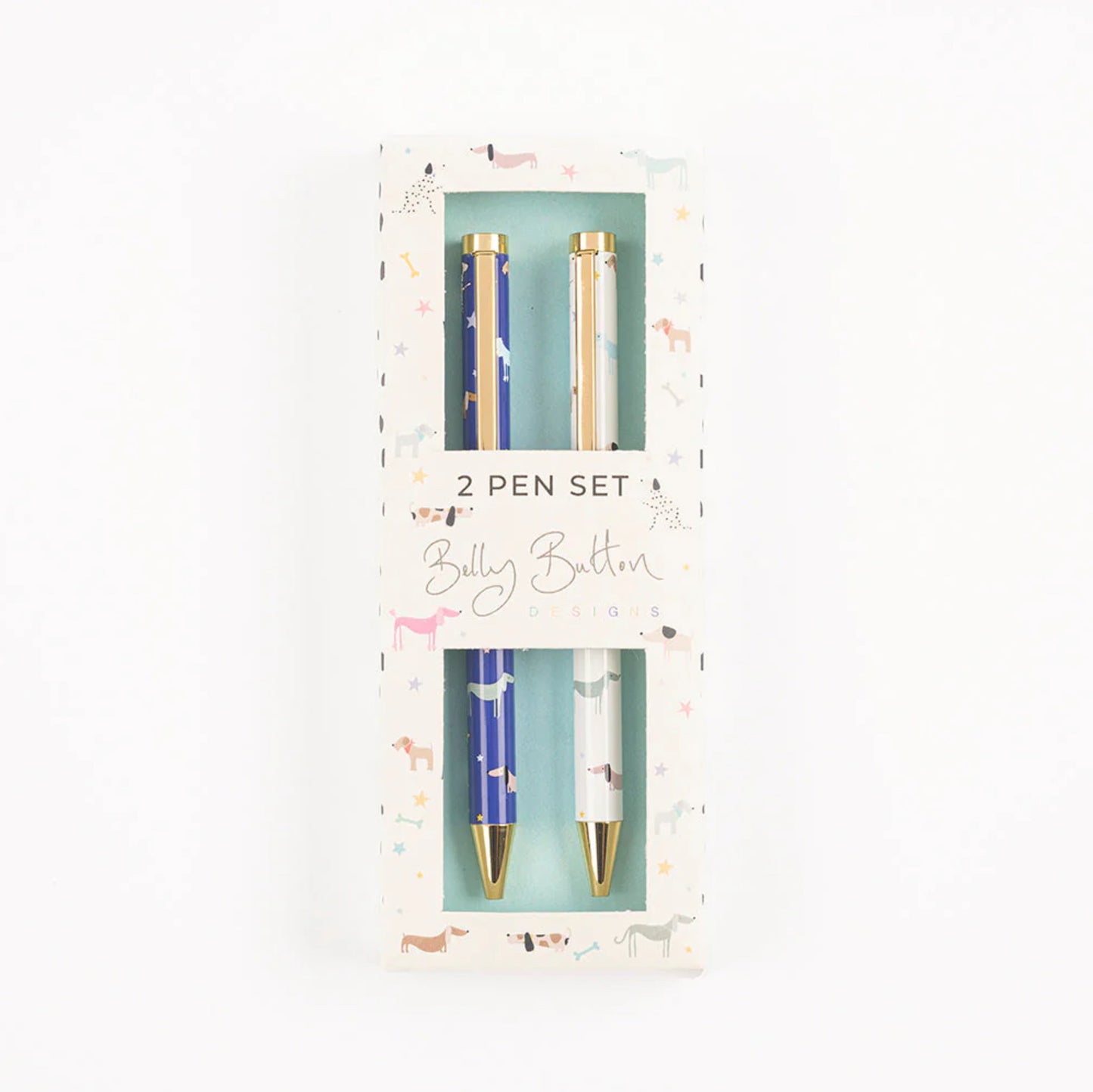 A set of two ballpoint pens with a blue and gold design, packaged in a gift box with a pattern of dogs and other animals.