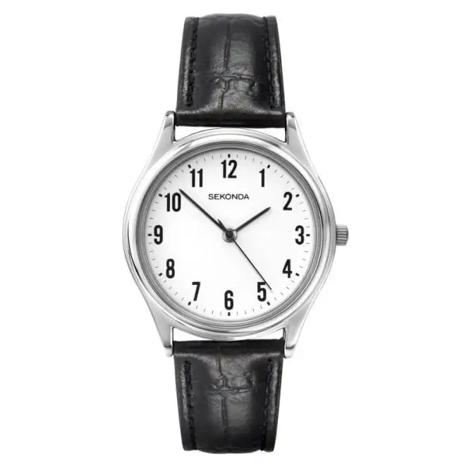 Sekonda Easy Reader Men's Watch | Silver Case & Black Leather Strap with White Dial