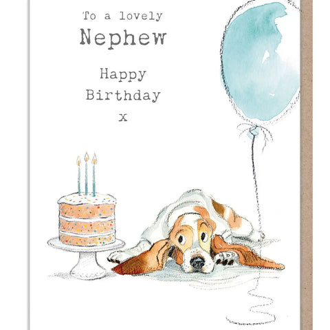 Nephew Birthday Card - Bassett Hound with Cake and Balloon