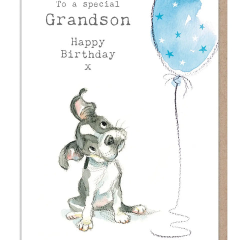 Grandson Birthday Card - Dog with Balloon