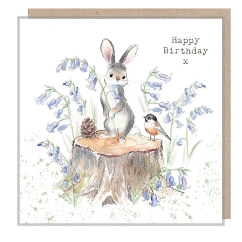 Cute Rabbit Card - Happy Birthday - Standing Rabbit On Log