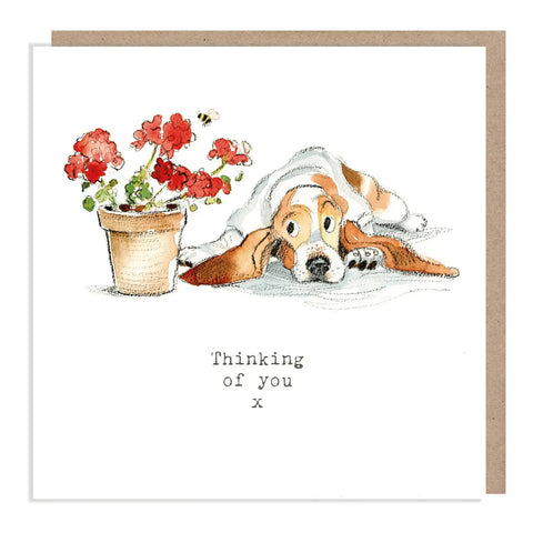 Cute Dog Card - Thinking of You - Basset with Red Geranium