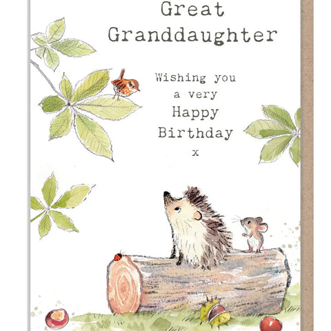 Great Granddaughter Card - Hedgehog On Log