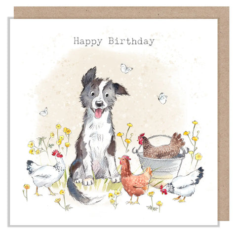 Birthday Card - Dog with Chickens 'buttercup Farm'