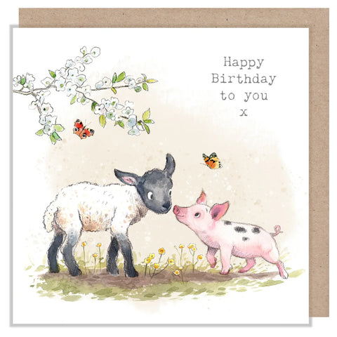 Birthday Card - Lamb and Piglet 'buttercup Farm'