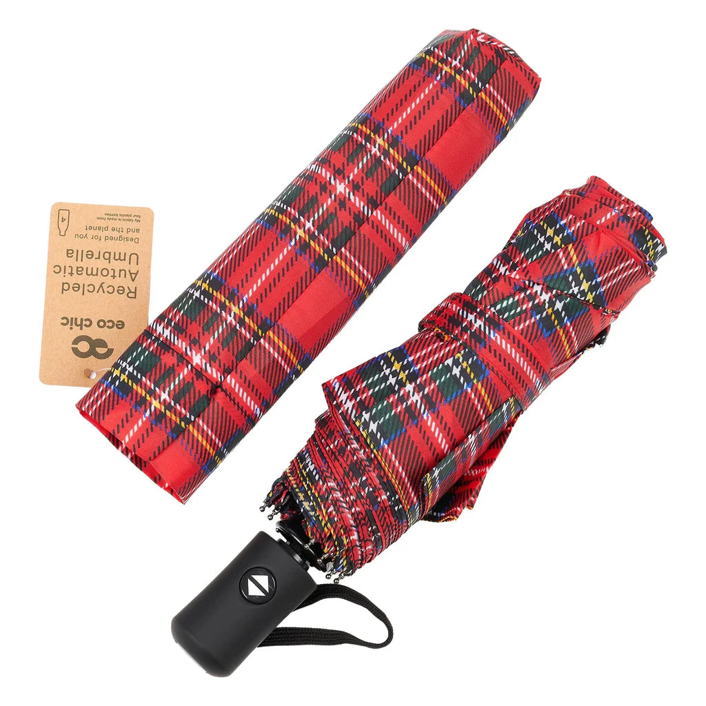Automatic Folding Umbrella - Red Tartan