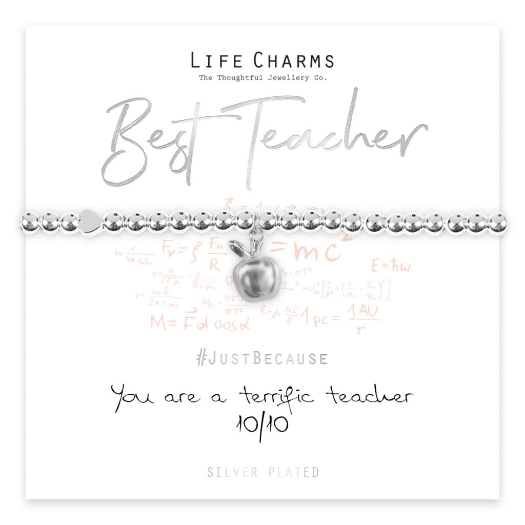 A silver-plated bracelet with charms including a stylized apple, a chalkboard, and mathematical symbols, presented in a gift box with the inscription 'Best Teacher' and a hashtag '#JustBecause You Are A Terrific Teacher'.
