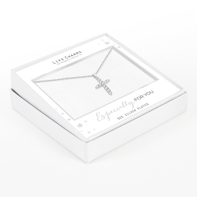 An adjustable silver chain necklace with a cross charm, presented in a white gift box with 'Life Charms' branding and the phrase 'Especially for you' on the front.