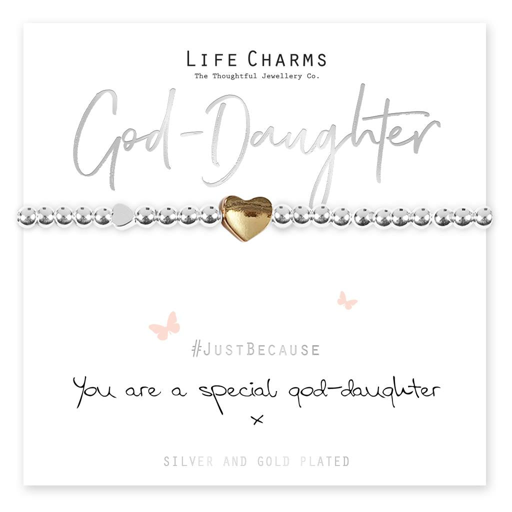 A silver and gold plated bracelet with a charm, presented on a card with 'God-Daughter' and '#JustBecause' text.