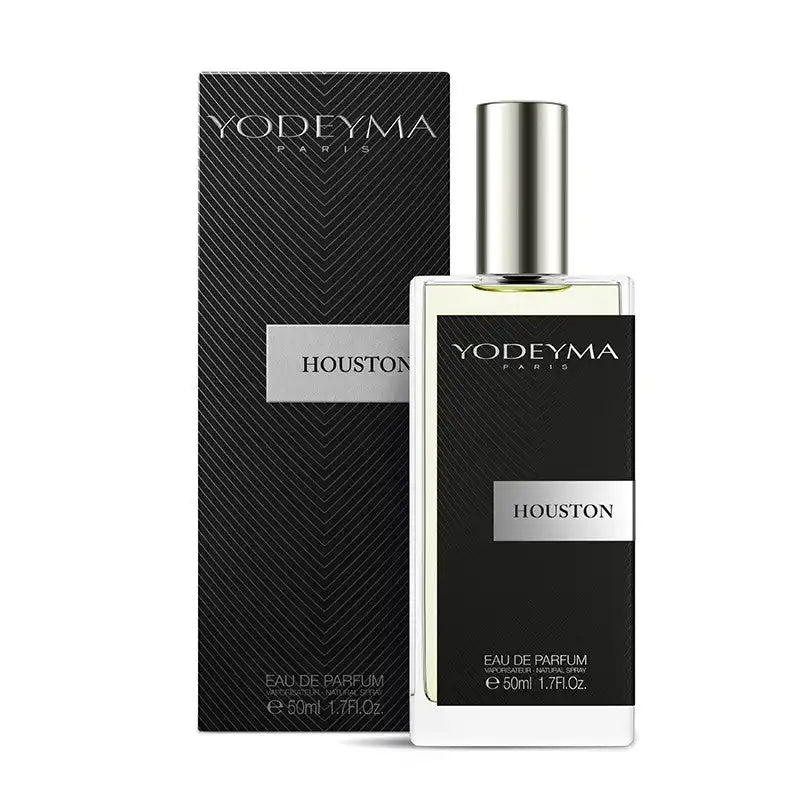 A bottle of Yodeyma Eau de Parfum 50ml with its packaging, the fragrance name Houston is indicated on the bottle. fuses verdant sage and narcissus with a futuristic metallic twist and warm woods, crafting a clean, sophisticated aroma that feels like nature meets high-tech elegance. Smells like: H24 by Hermes