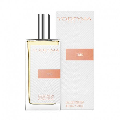 A bottle of Yodeyma Eau de Parfum 50ml with the label Iris, alongside its white packaging box. The richness of jasmine, the energy of orange blossom and the magnetism of white amber make up an enigmatic combination for a sensual woman. Smells like: Alien By Thierry Mugler.