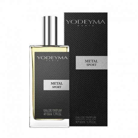 A bottle of Yodeyma parfum 50ml and it's packaging the name metal sport is indicated on the bottle. an effortlessly refined citrus-fougere fragrance that opens with a crisp burst of bergamot, mandarin, and coriander, followed by a nuanced heart of freesia, jasmine, vetiver, and pepper. It settles into an elegant, creamy base of tonka bean, labdanum, sandalwood, cedarwood, and vanilla—sophisticated, magnetic, and timeless. Smells like: Allure Homme by Dolce Gabbana.