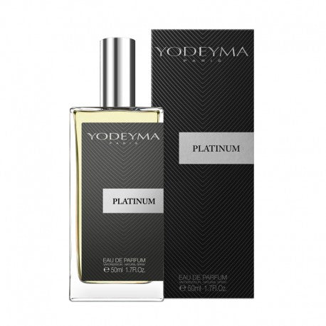 A bottle of Yodeyma Platinum eau de parfum with a black and gold label, accompanied by a black box with the brand and product name. The energy and power of the spicy notes, with the sweetness of jasmine, make up a refreshing and sensual perfume. Smells like: Invictus By Paco Rabanne.