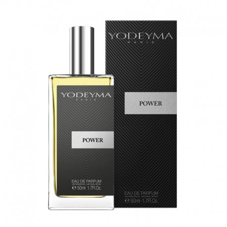 A bottle of Yodeyma Eau de Perfume 50ml with its packaging the fragrance name power indicated on box. The citrus top notes, along with cinnamon, provide a spicy freshness that is enhanced by patchouli, resulting in an elegant and sensual perfume. Smells like 1 Million By Paco Rabanne.