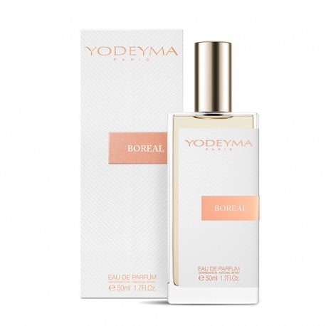 A bottle of yodeyma Eau de Parfum, This fragrance Boreal Amber 50ml creates an addictive, luminous and intense fragrance that combines the aromas of jasmine, saffron, cedar wood and amber gray. Smells like: Baccarat Rouge 540