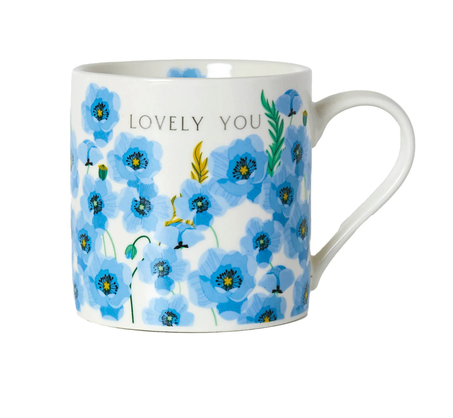 A white bone china mug with blue floral patterns and the text 'LOVELY YOU' on the side.
