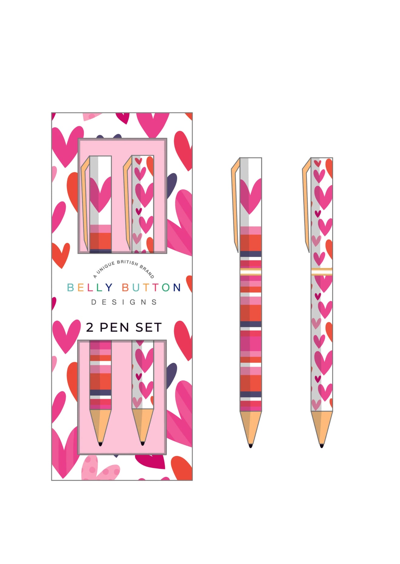 A set of two ballpoint pens with heart designs, packaged in a box with 'Belly Button Designs' branding and heart motifs.