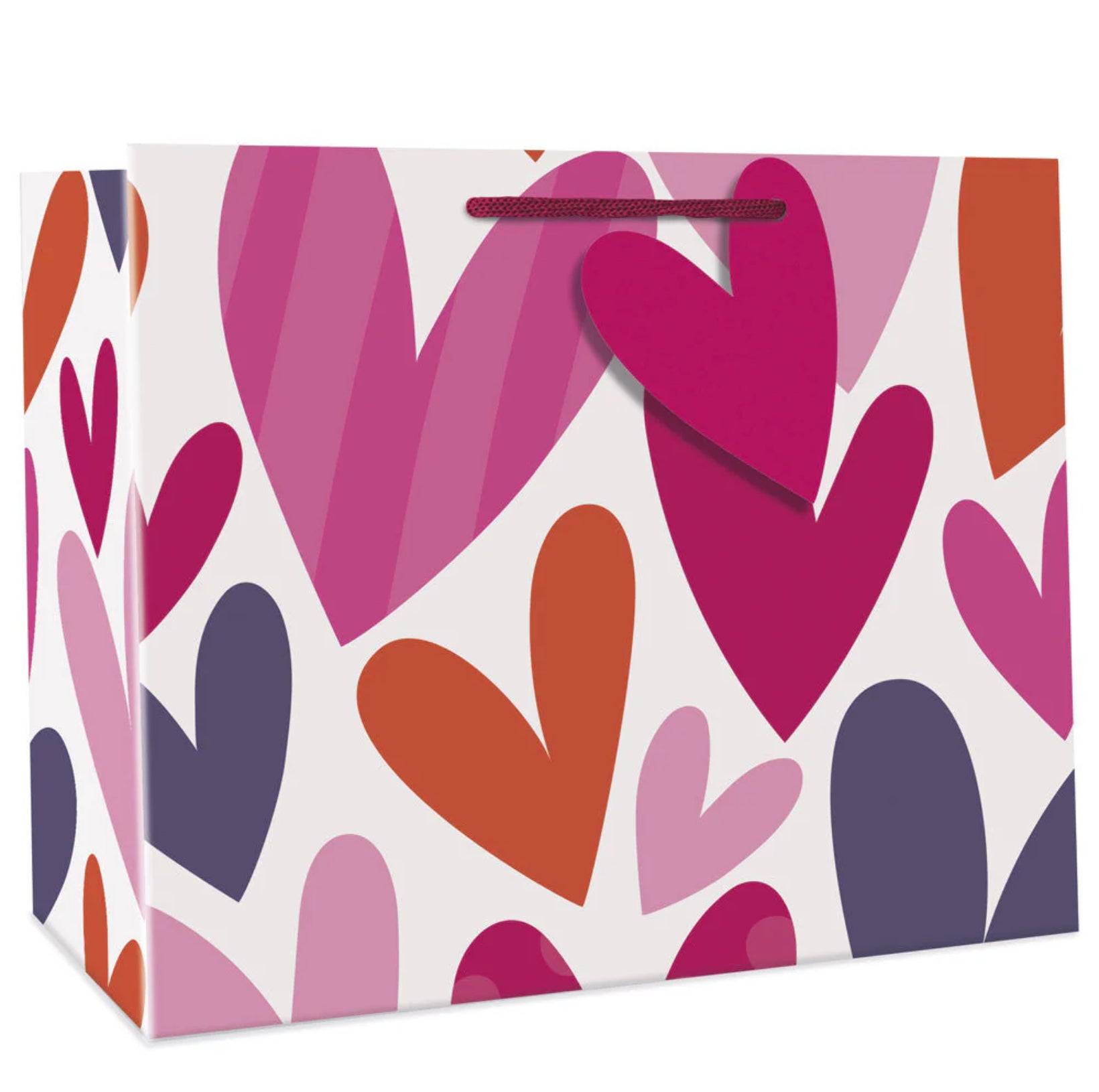 A gift bag with a handle and a design of various sized hearts on a white background, transitioning from pink to purple and orange at the bottom.
