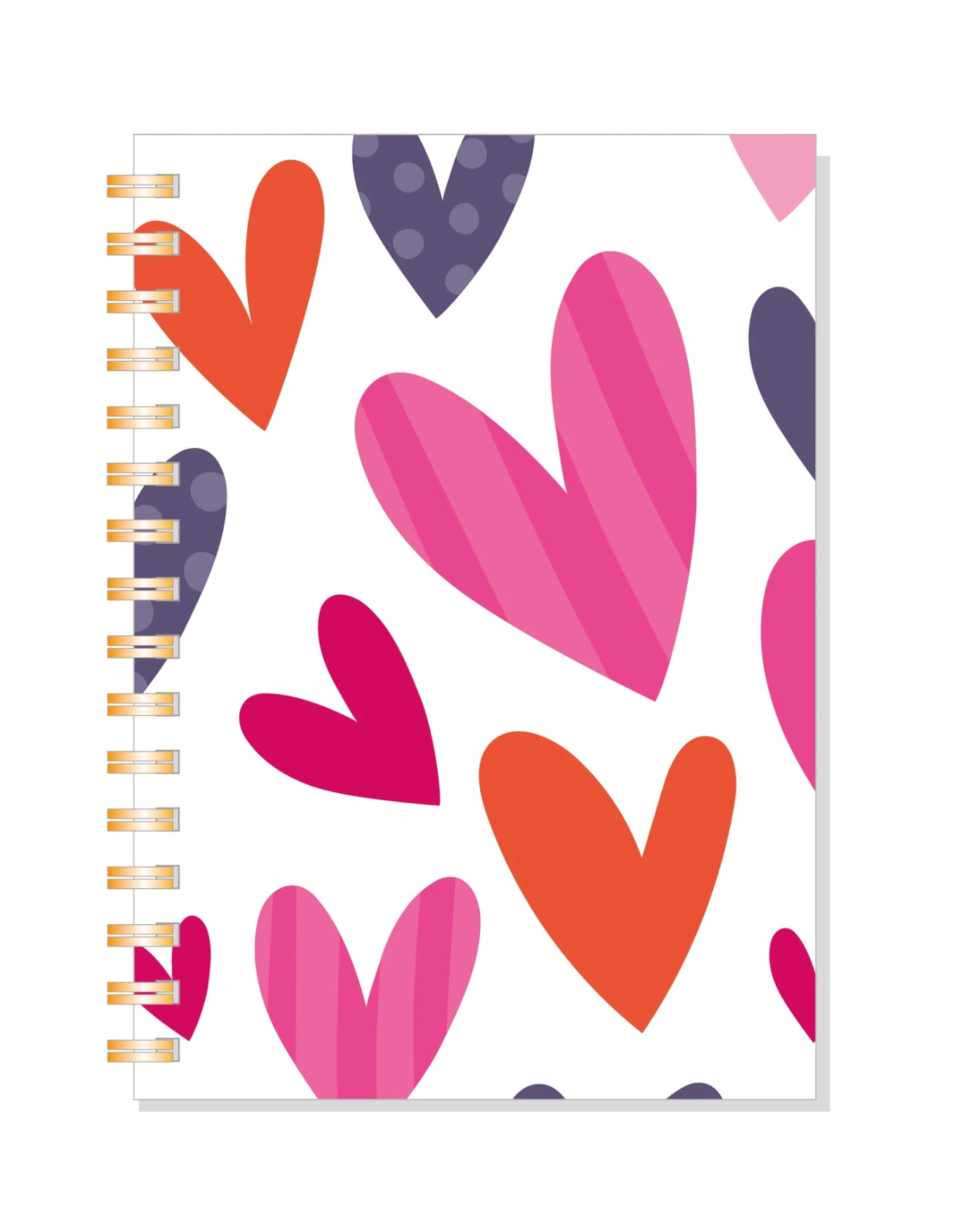 A5 spiral notebook with a colorful cover design featuring large hearts in shades of pink, purple, and orange on a white background.
