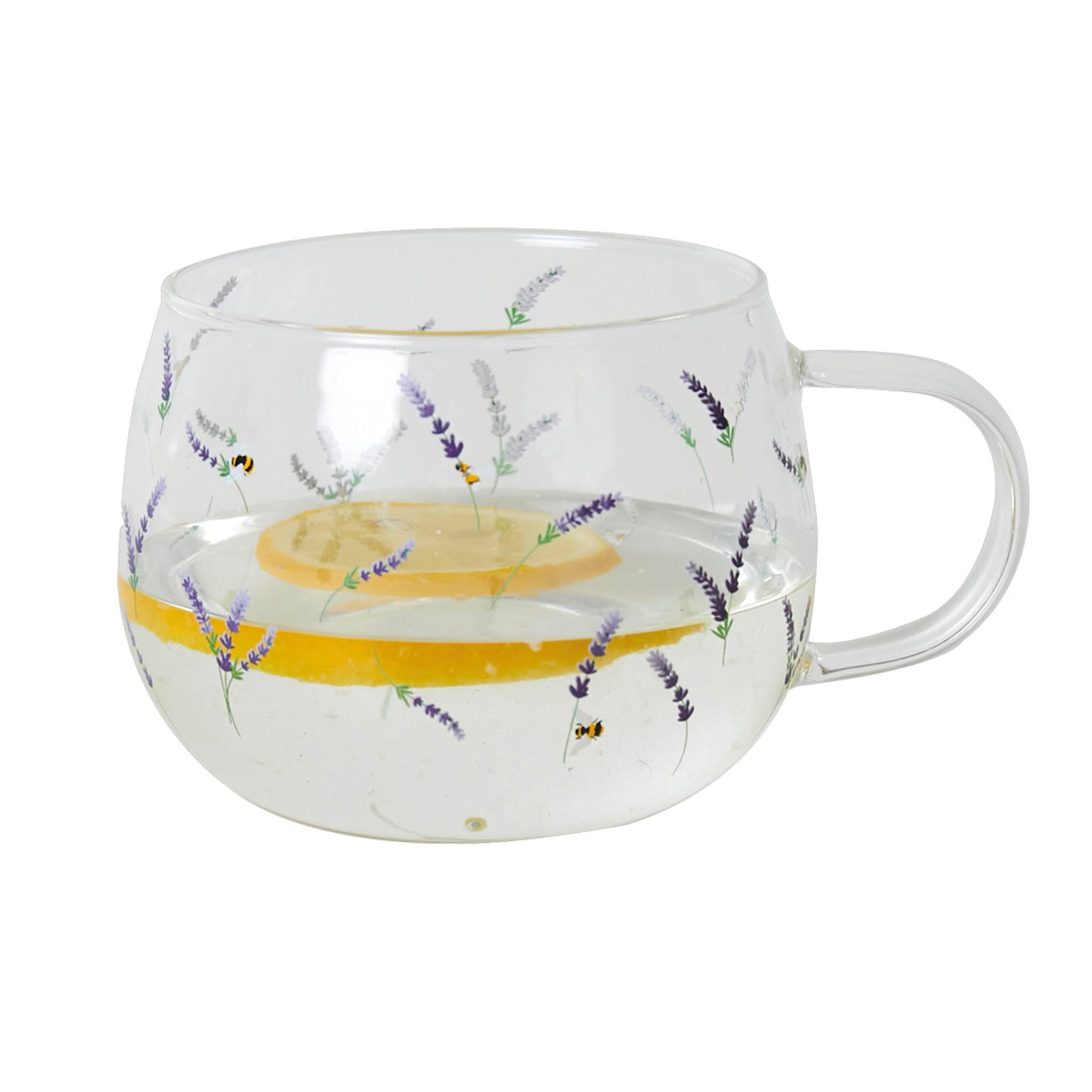 A clear glass mug with purple floral patterns and a handle on the right side, displaying a lemon slice and lavender buds inside.