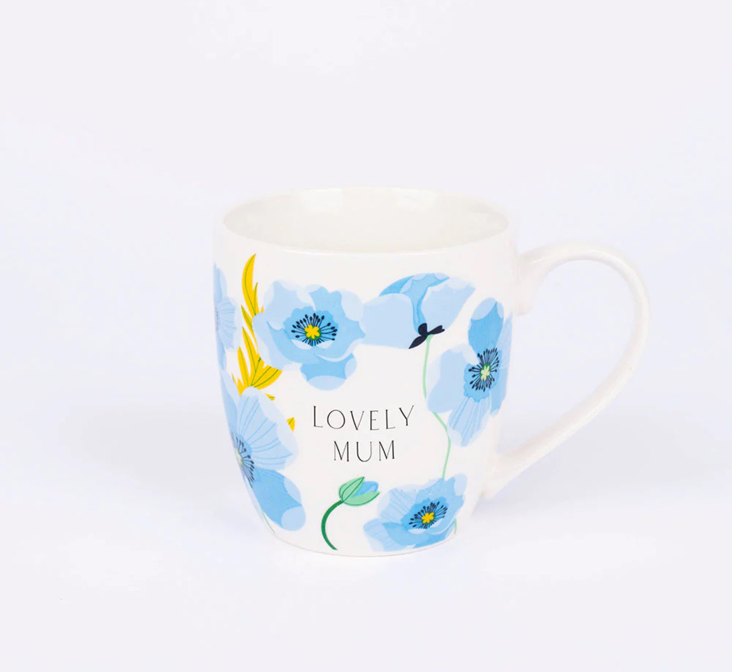 A white bone china mug with blue floral patterns and the text 'LOVELY MUM' on the side.