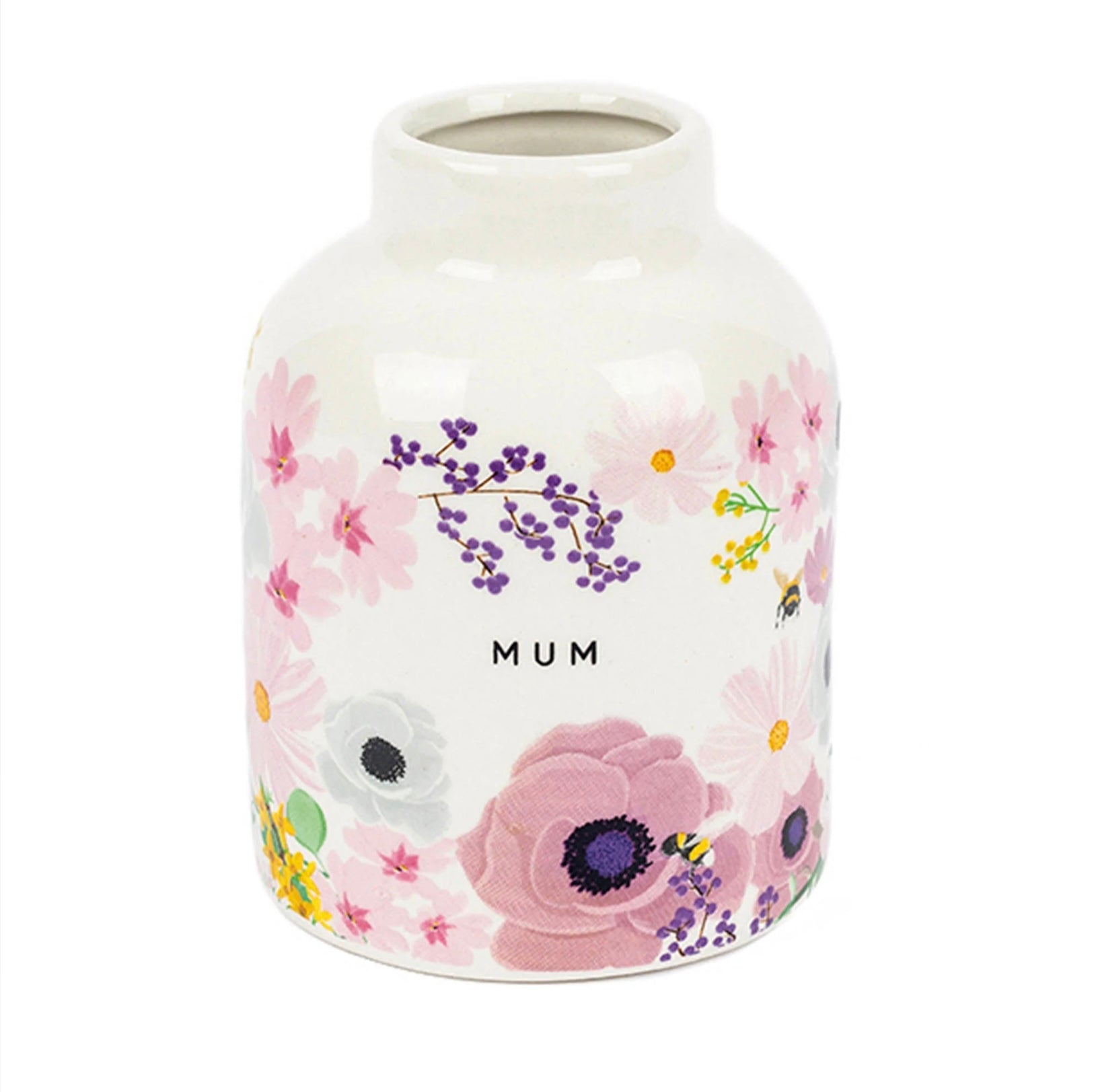 A ceramic bud vase with a floral pattern and the word 'MUM' written on it.