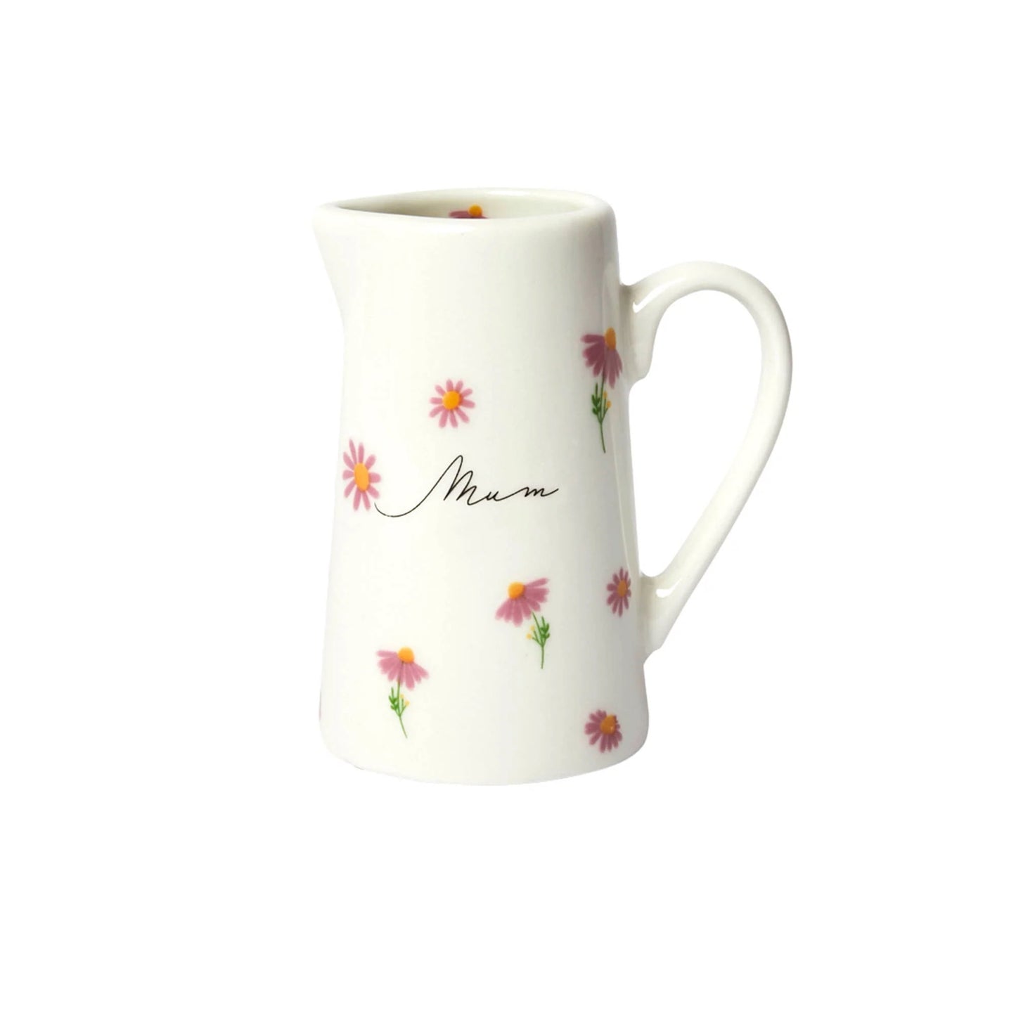 A white bone china jug with a floral design featuring pink flowers and the word 'Mum' on the side.