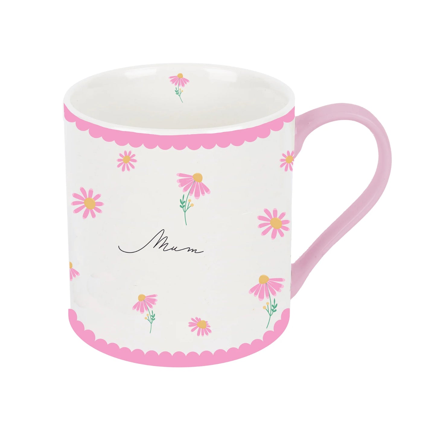 A small white china mug with pink flowers and the word 'MUM' written on it, surrounded by a pink decorative border.