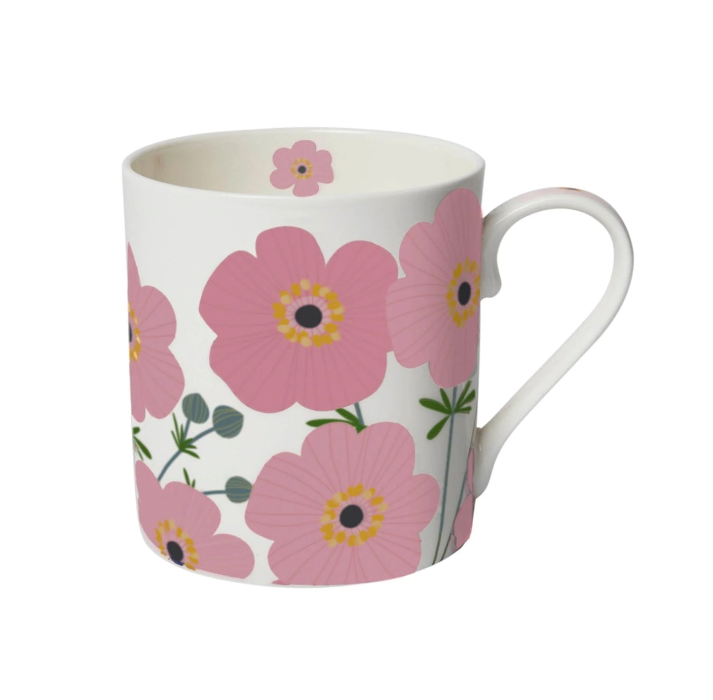 A white bone china mug with a pink cosmos floral pattern and a wrap-around design. The mug is displayed against a white background.