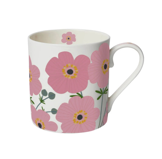 A white bone china mug with a pink cosmos floral pattern and a wrap-around design. The mug is displayed against a white background.