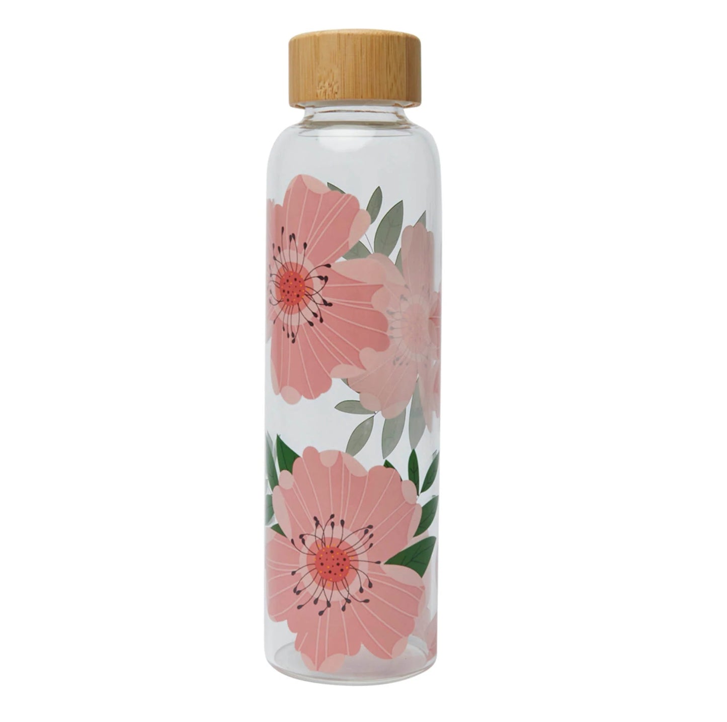 A clear glass water bottle with pink rose floral designs and a bamboo cap.