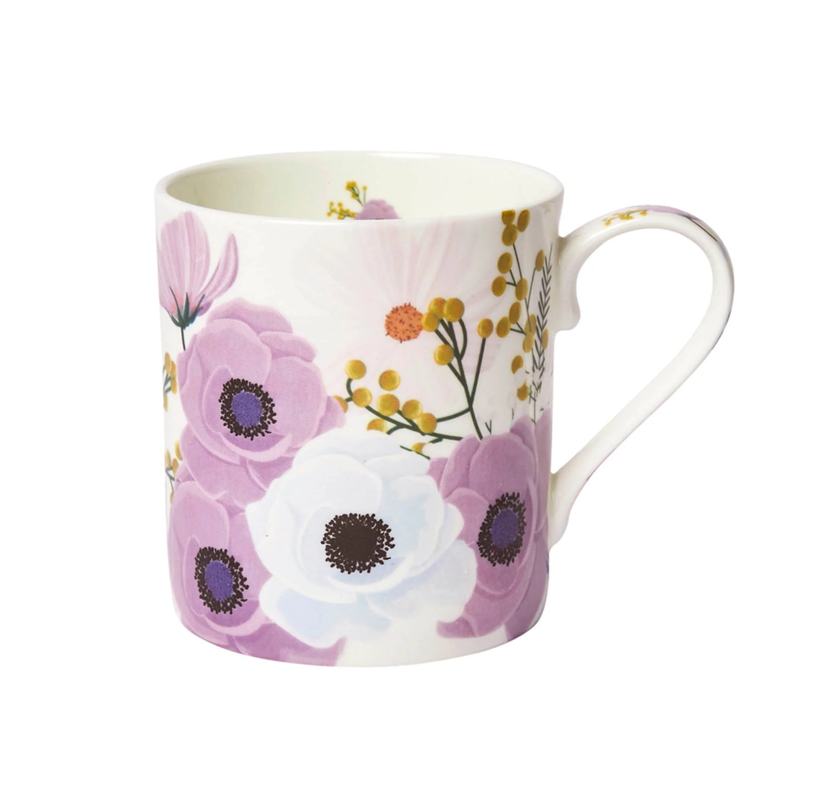 A bone china mug with a floral design, featuring pink and white flowers, presented against a white background.