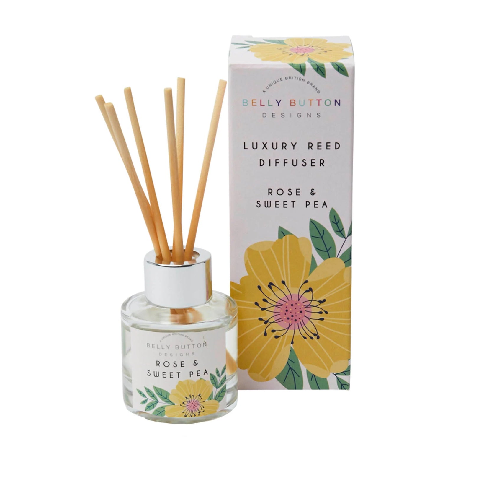 Belly Button luxury reed diffuser with the scent rose and sweet pea in pink and floral packaging.