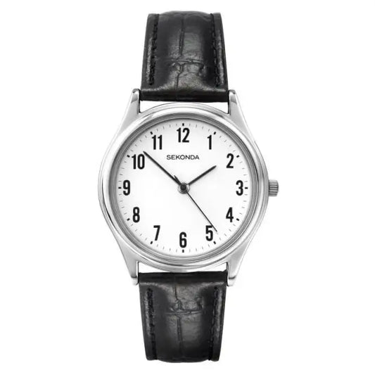 Sekonda Easy Reader Men's Watch | Silver Case & Black Leather Strap with White Dial