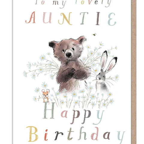 Auntie Birthday Card - Bear Hare and Mouse with Flowers