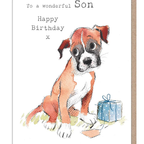 Son Birthday Card - Boxer Dog with Parcel