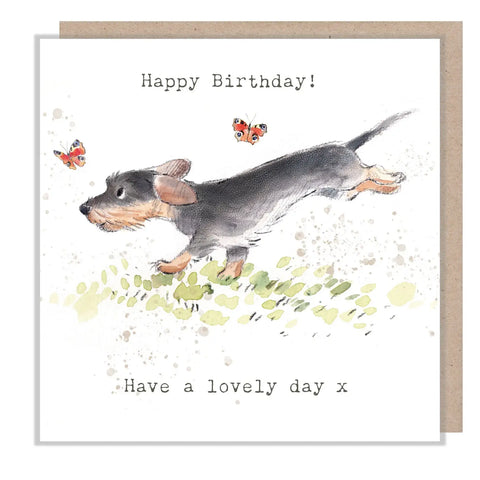 Birthday Card - Sausage Dog with Butterflies