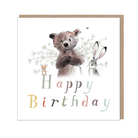 Cute Birthday Card - Happy Birthday - Bear , Hare and Mouse