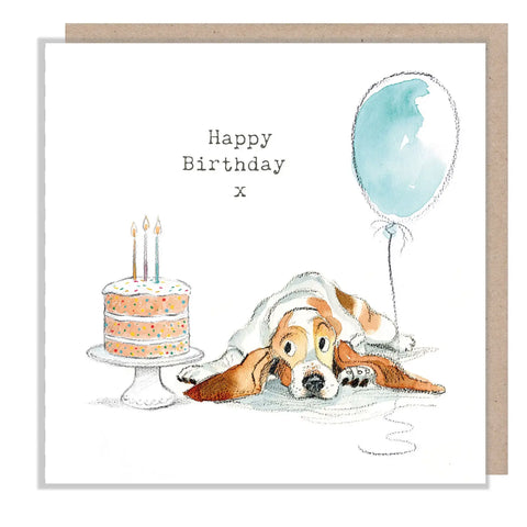 Birthday Card - Happy Birthday -Bassett with Cake
