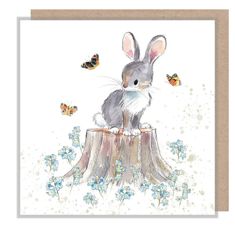 Blank Card - Rabbit with Forget Me Knots and Butterflies
