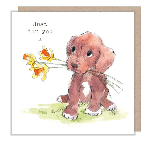 Just For You Card - Brown Puppy with Daffodils