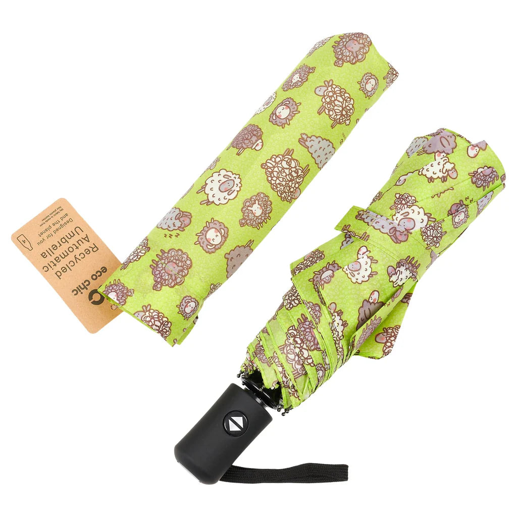 Automatic Folding Umbrella - Green Cute Sheep