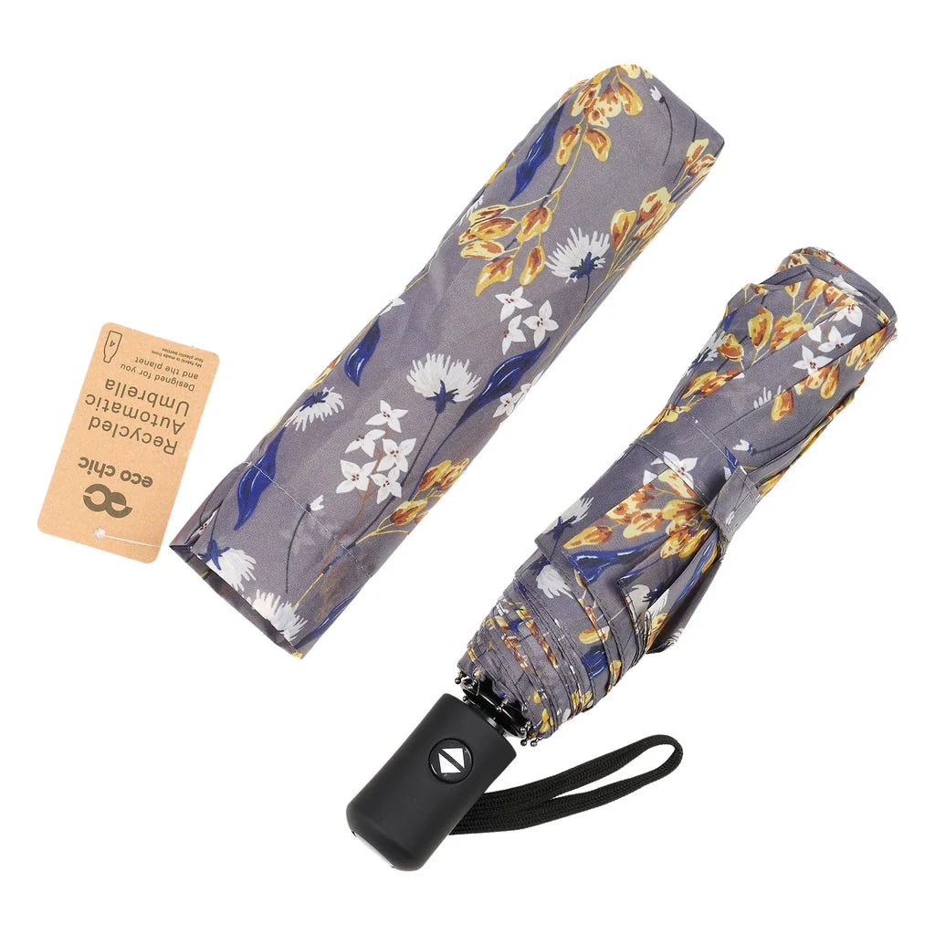 Automatic Folding Umbrella - Grey Flowers