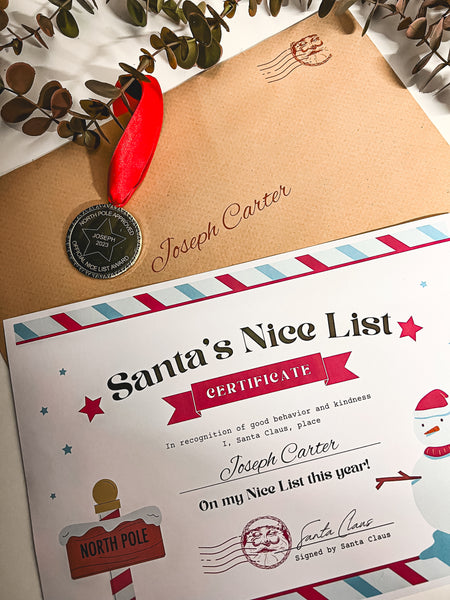 Personalised Santas Nice List Certificate & Medal