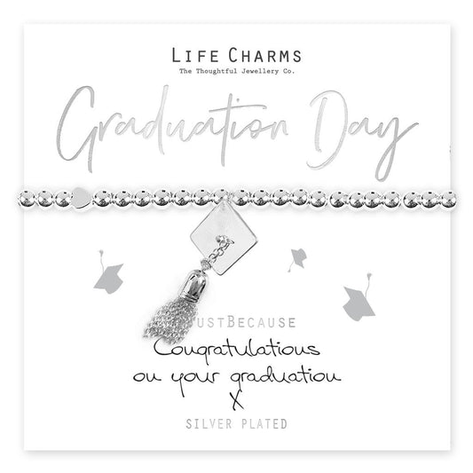 A silver bracelet with a mortarboard hat charm and tassel, presented in a luxury gift box with 'Graduation Day' and congratulations message.