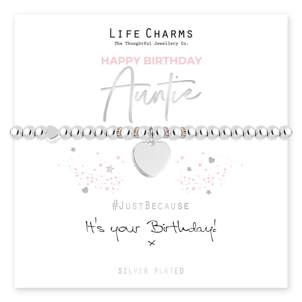 Silver plated elastic bracelet with crystal rondelles and star charms, presented on a card with 'Happy Birthday' message and the brand 'Life Charms' at the top.