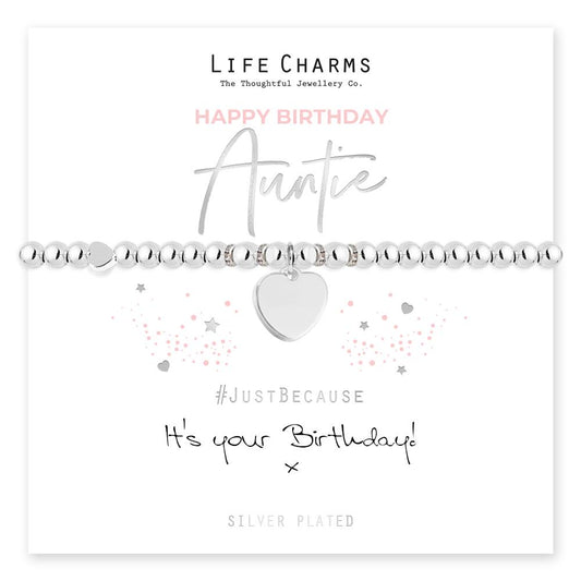 Silver plated elastic bracelet with crystal rondelles and star charms, presented on a card with 'Happy Birthday' message and the brand 'Life Charms' at the top.